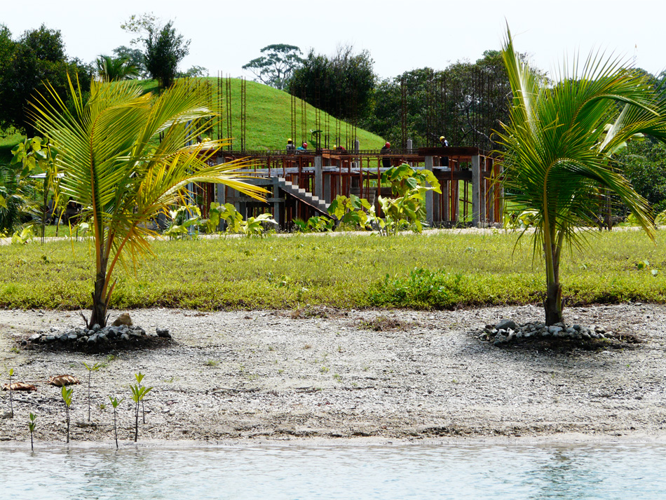 Palms and canal in foreground.